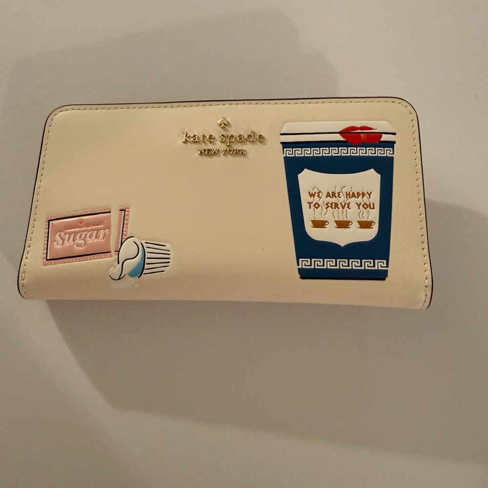Kate Spade Cream Wallet with Blue Coffee Cup Design